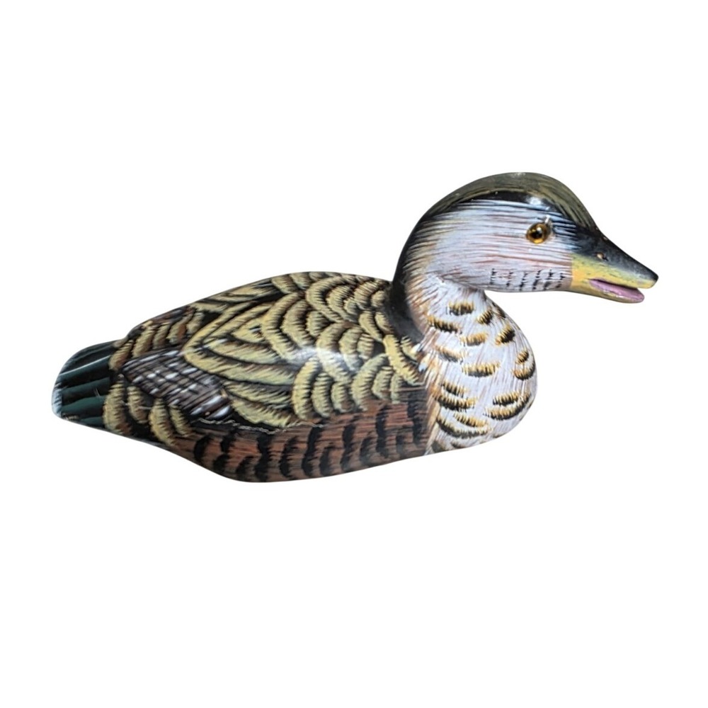 Vintage Wooden Hand Carved Painted Duck Decoy Yellow‎ Brown White Eye Mini